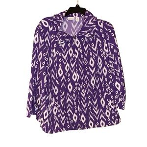 Zenergy by Chico’s (3) Purple Ikat Print Zip‎ Front Jacket Size XL Travel Active